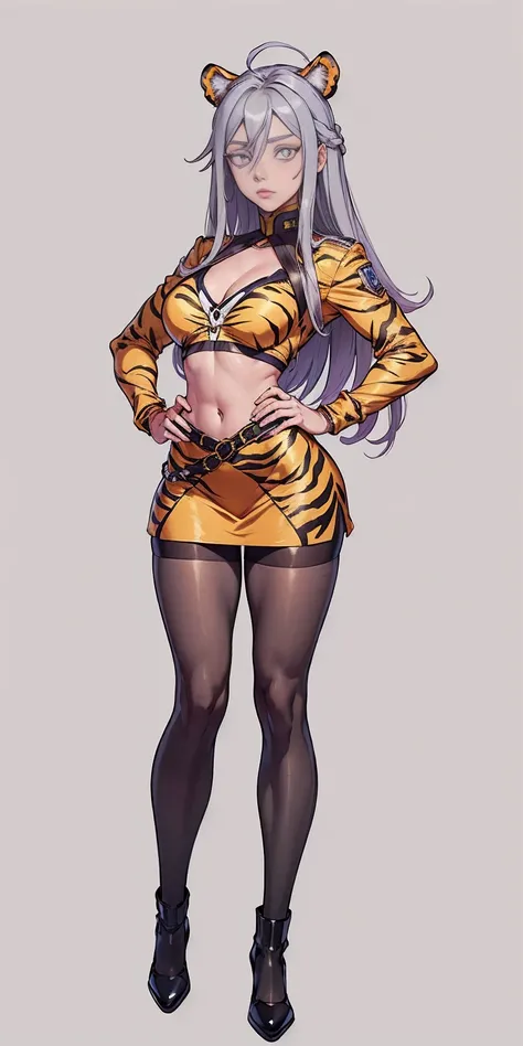 ((Masterpiece, plain background,1:2, masterpiece)) full body standing yellow tiger print stockings, hands on waist, navel, (Vladilena Milize) (grey eyes:1.5), grey hair, hair between eyes, long hair