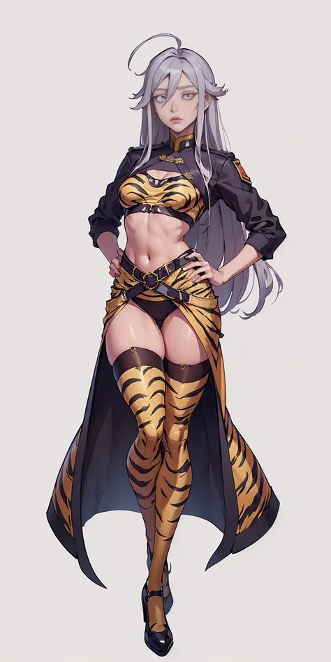 ((Masterpiece, plain background,1:2, masterpiece)) full body standing yellow tiger print stockings, hands on waist, navel, (Vladilena Milize) (grey eyes:1.5), grey hair, hair between eyes, long hair