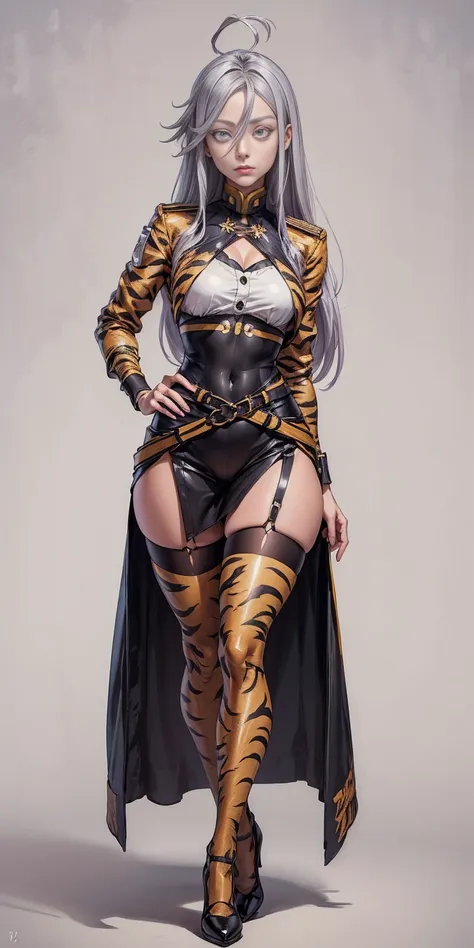 ((Masterpiece, plain background,1:2, masterpiece)) full body standing yellow tiger print stockings, hands on waist, navel, (Vladilena Milize) (grey eyes:1.5), grey hair, hair between eyes, long hair