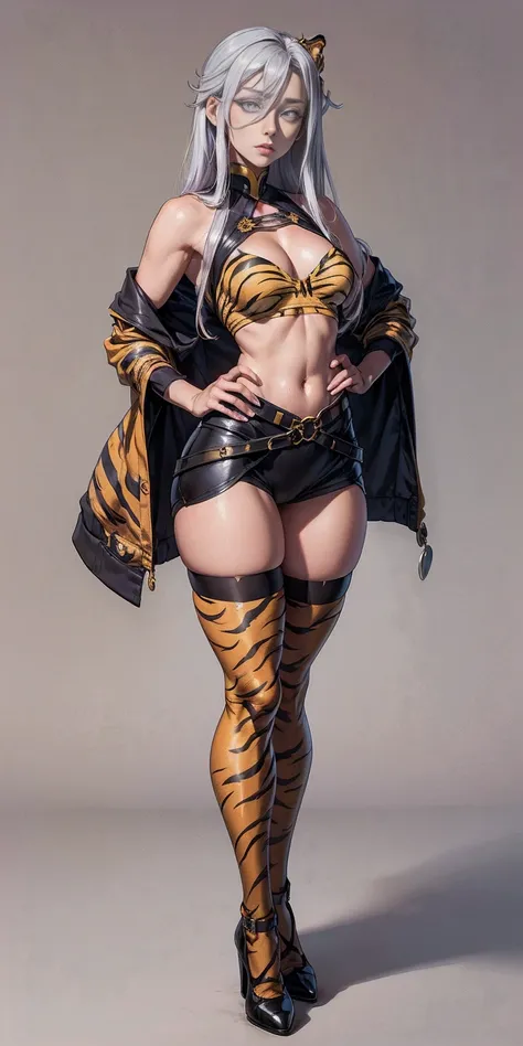 ((Masterpiece, plain background,1:2, masterpiece)) full body standing yellow tiger print stockings, hands on waist, navel, (Vladilena Milize) (grey eyes:1.5), grey hair, hair between eyes, long hair