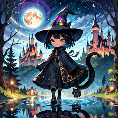 black cat, solo, alone, witch, hat, cloak, black short hair, long tail, jewelry, gems, sparkle effect, ornaments, walking on wat...