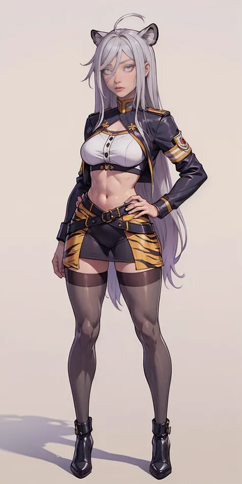 ((Masterpiece, plain background:1,2, masterpiece)) full body standing yellow tiger print stockings, hands on waist, navel (Vladilena Milize) (grey eyes:1.5) grey hair, hair between eyes, long hair