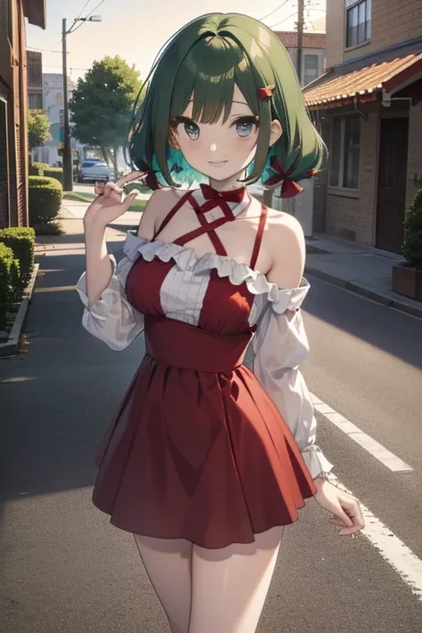 beautiful hair, beautiful face, beautiful detailed eyes, beautiful clavicle, beautiful body, beautiful chest, beautiful thigh, beautiful legs, beautiful fingers, off-shoulder red dress, sleeveless black, brown tight mini skirt, ), emerald green hair ribbon...