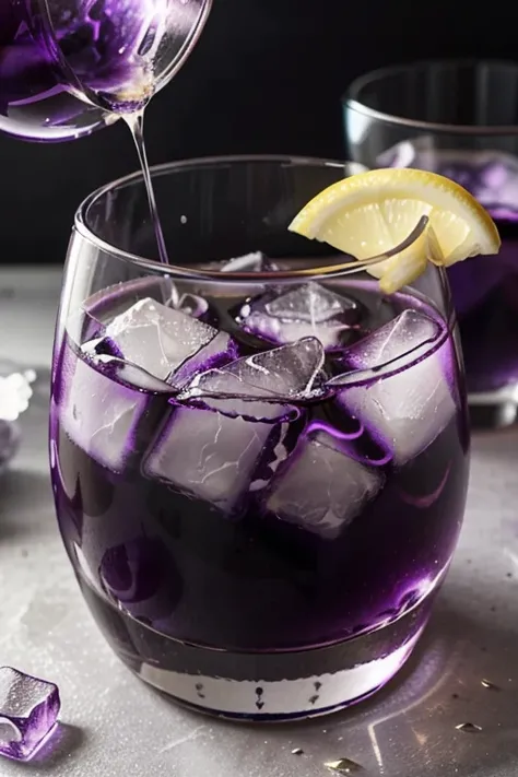 Purple liquid in a glass with ice cubes,Just one big round ice cube please,Add a lemon slice, please.