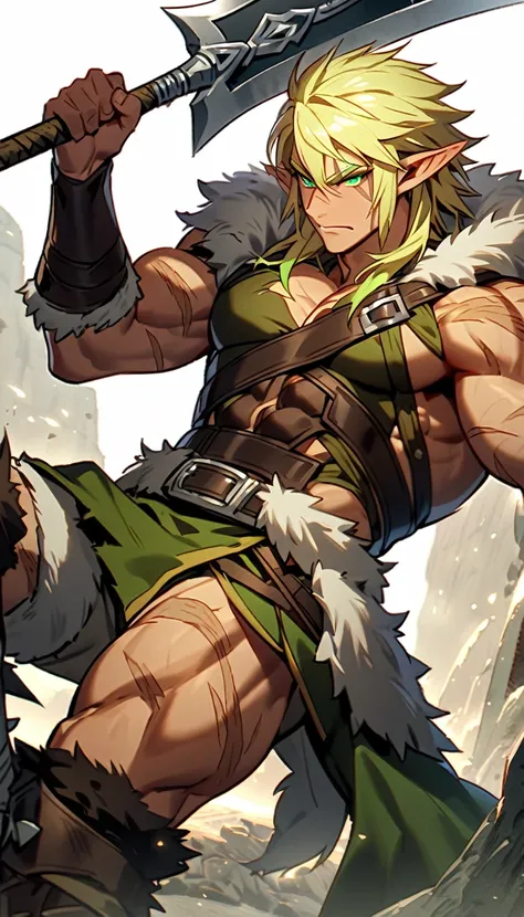 A male high elf barbarian. The high elf should be a man with blonde hair and green eyes. The elf should have a muscular body with scars. The elf should have a powerful axe and a barbarion outfit.