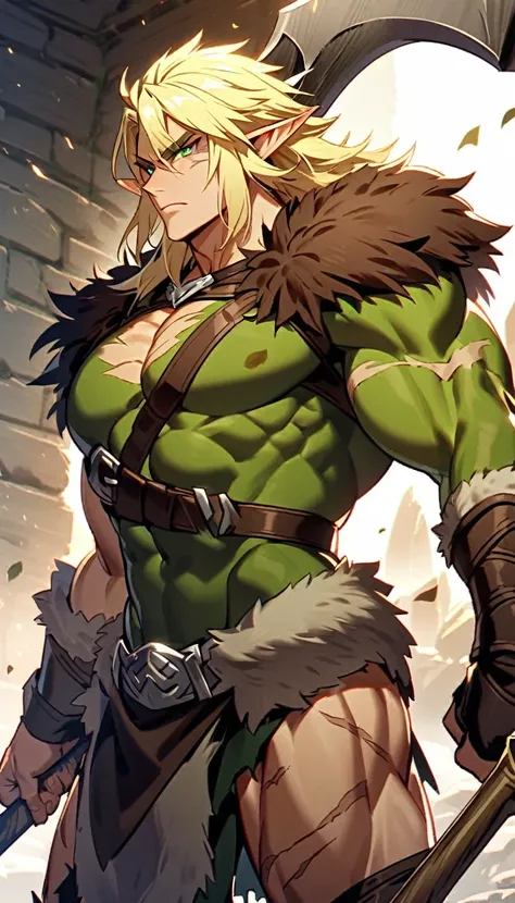 A male high elf barbarian. The high elf should be a man with blonde hair and green eyes. The elf should have a muscular body with scars. The elf should have a powerful axe and a barbarion outfit.