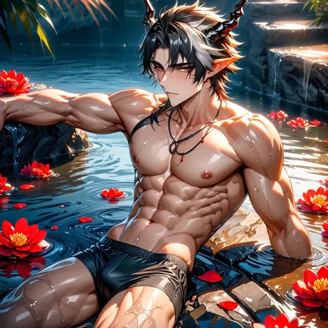 absurdres, highres, ultra detailed, HDR, master piece, best quality, perfect face, Chong Yue, black hair with white streaks, short hair, expressive red eyes, Arknights, black horns, slightly pointed ears, solo, sexy man, handsome, toned chest, horny, sensu...