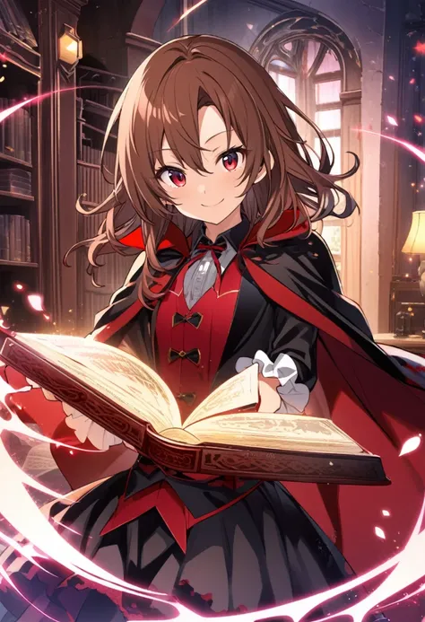 Asakura Hao (AKB0048 Next Stage), (short brown hair), (blood red eyes):1.2, vampire costume, bangs, smiling cheerfully, cape, magic book, ((ultra-detailed)), ((illustration)), ((neat hair)), (beautiful detailed eyes), female, 1girl, standing, ((bedroom)), ...