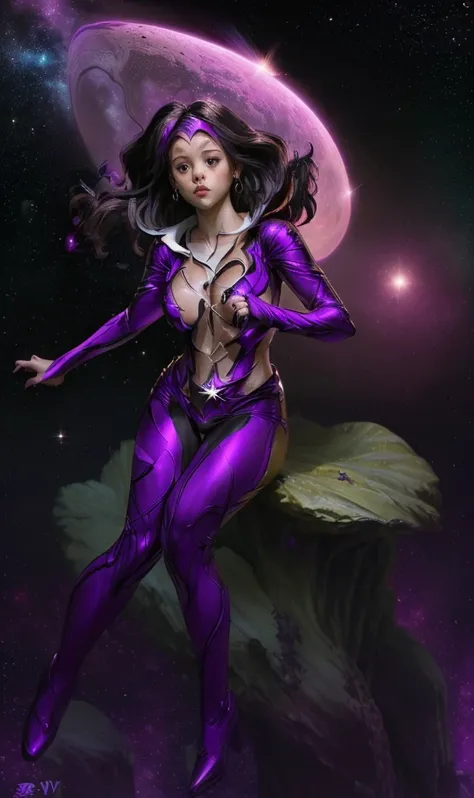 ((stsapph2024)) a beautiful ((jenna_ortega_v3
 )) with ((green skin)), curly black hair, (((wearing a violet suit))), floating in space, 5 detailed fingers, high quality, masterpiece, photorealistic, raw photo, depth of field, full body
