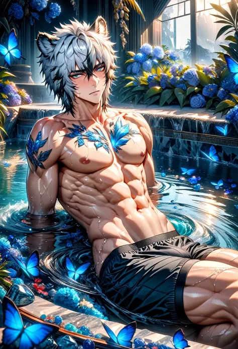 absurdres, highres, ultra detailed, HDR, master piece, best quality, perfect face, Silverash, white hair with black streaks, short hair, expressive gray eyes, Arknights, white tiger ears, solo, sexy man, handsome, toned chest, horny, sensual, erotic, black...