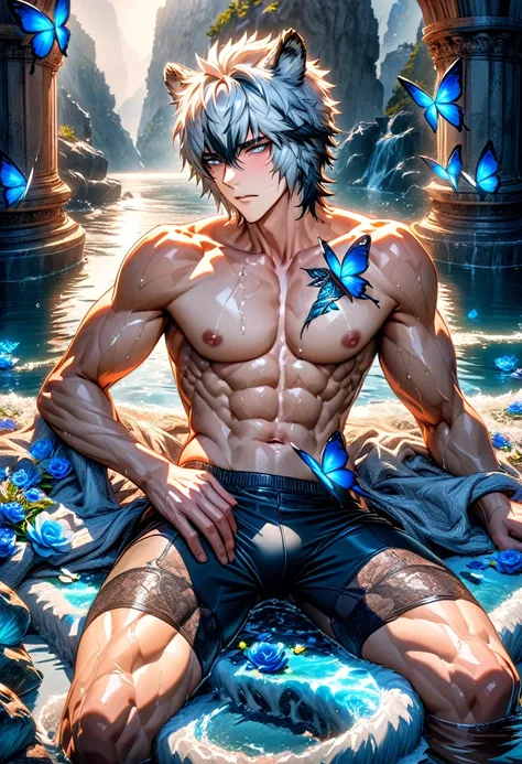 absurdres, highres, ultra detailed, HDR, master piece, best quality, perfect face, Silverash, white hair with black streaks, short hair, expressive gray eyes, Arknights, white tiger ears, solo, sexy man, handsome, toned chest, horny, sensual, erotic, black...