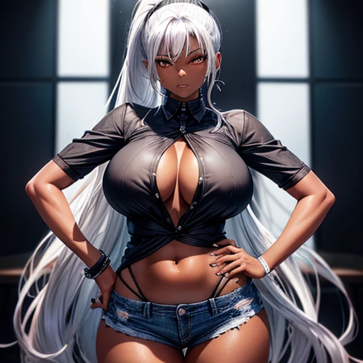 Silver hair ponytail, A dark-skinned woman wearing a black dress shirt and slim jeans is preparing fried shrimp。.　Showing your belly button　Alluring thighs　A lot of fried shrimp