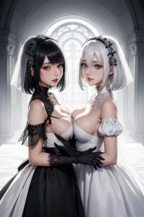 ((High quality)),masutepiece,(Detailed depiction of local details:1.2),1girl in,Blue eyes,Plump breasts,Enchanted Valley,Closed mouth,Eyelashes,Portrait,Solo,White hair,black theme,Short hair,Silver hair,Yorha No. 2 Type B,(((White hair and black hair)))、F...