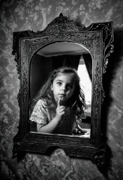 Photo d’une jolie fille très hautaine posant de profil à côté d’un grand miroir où se reflète son reflet de Wicked girl, son reflet dans le miroir, angle dynamique, fille hautaine, Wicked girl, deux visages 