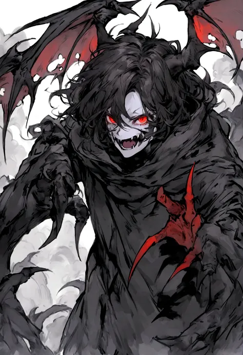 Shape: A demonic creature with a humanoid appearance, tall and thin, with pale gray skin.
Hair: Long, curly black hair, falling messily over his shoulders.
eyes: Fiery red eyes reflect evil and malice.
attire: He wears a long black cloak with a hood that h...