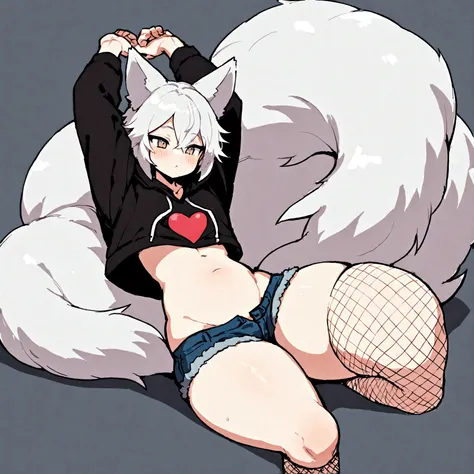 a cute adult male with wolf ears, white hair, has a wolf tail, wearing a loose cropped oversized black hoodie, wearing a pair of denim short shorts and fishnet stockings, thick thighs, wide hips, relaxing on mound of fluffy animal plushies, short, very sli...