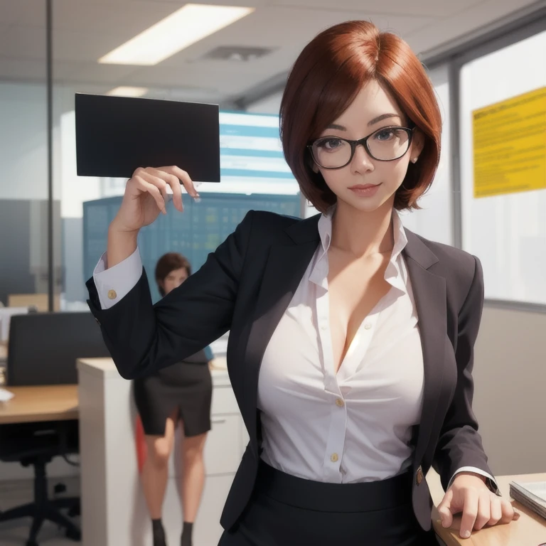 Beautiful business woman in official unbuttoned dress, real person, detailed body, live action, glasses, short skirt, office lady, futurama style