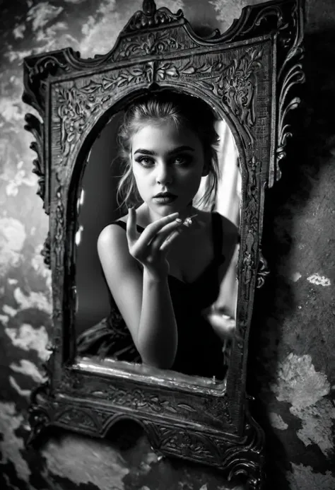 Photo d’une jolie fille de 20 ans très hautaine et de son reflet méchant dans un miroir, elle pose de profil à côté d’un grand miroir où se reflète son reflet de Wicked girl, son reflet dans le miroir, angle dynamique, fille hautaine, Wicked girl, deux vis...