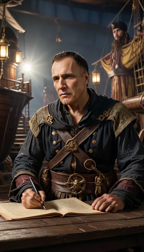 Cinematic style, Julius Caesar writing poetry on a pirate ship, background dark, hyper realistic, ultra detailed hyper realistic, photorealistic, Studio Lighting, reflections, dynamic pose, Cinematic, Color Grading, Photography, Shot on 50mm lens, Ultra-Wi...