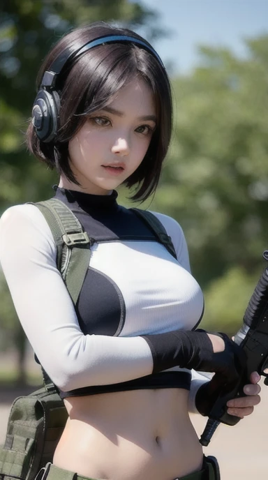 a woman in a white outfit holding a rifle and wearing headphones, 24-year-old woman, Filipino woman, tan bronze skin, soldier girl, mechanized soldier girl, military girl, beautiful female soldier, female lead character, infantry girl, of a sniper girl in ...