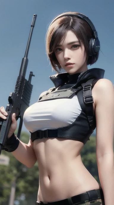 a woman in a white outfit holding a rifle and wearing headphones, 24-year-old woman, Filipino woman, tan bronze skin, soldier girl, mechanized soldier girl, military girl, beautiful female soldier, female lead character, infantry girl, of a sniper girl in ...