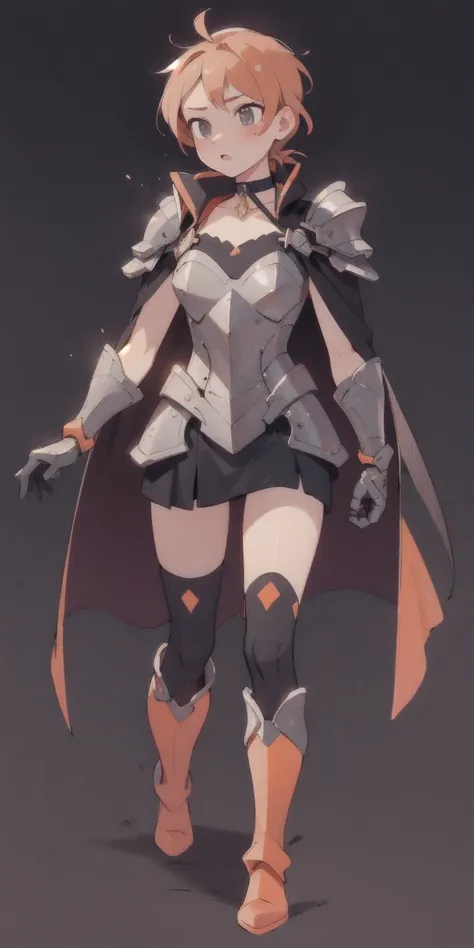 choker, armor, cape, black dress, single glove, thigh highs, armored legwear, orange boots, hyper realistic