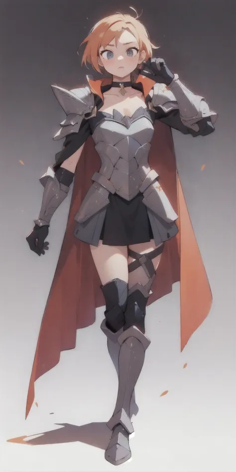 choker, armor, cape, black dress, single glove, thigh highs, armored legwear, orange boots, hyper realistic