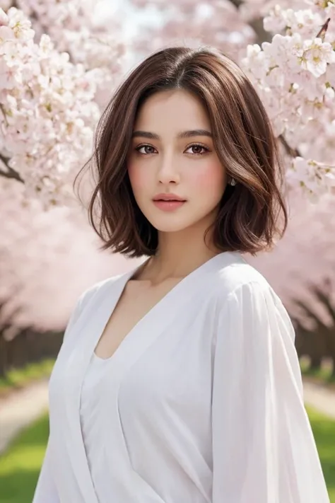 Salma Salsabil, adorned with short, wavy, pale brown hair, is captured in an exquisite image. Set against a backdrop of cherry blossom trees, her  figure is clad in modest attire that reveals a flat chest. The detail in this image is breathtaking, showcasi...