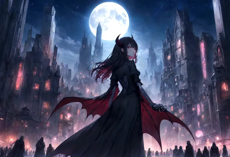 phonk, phonk, dark fantasy art, original, woman standing with her back turned, nightmare, city at night with full moon, festival where devils gather, DJ inspires everyone, skeleton, devil, at night, moon is big is, vampire, lunar city, moonwalker, metropol...