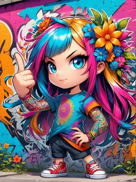 Rebellious European girl，Brightly colored tattoos on arms and legs，Middle finger raised，Provocative gestures，Flowing long hair，Arrogant expression，Graffiti art style，Bold and bright colors，It should be surrounded by intricate，Detailed flowers and mandalas，...