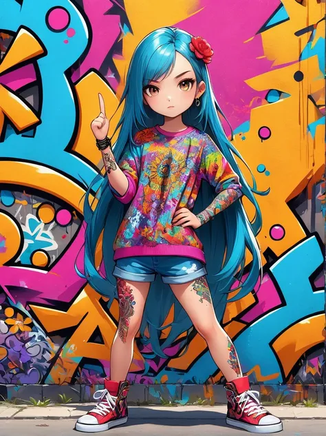 Rebellious European girl，Brightly colored tattoos on arms and legs，Middle finger raised，Provocative gestures，Flowing long hair，Arrogant expression，Graffiti art style，Bold and bright colors，It should be surrounded by intricate，Detailed flowers and mandalas，...