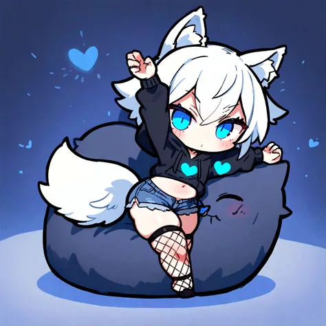 a cute chibi style adult male with wolf ears, white hair, has a wolf tail, wearing a loose cropped oversized black hoodie, wearing a pair of denim short shorts and fishnet stockings, thick thighs, wide hips, relaxing on mound of fluffy animal plushies, sho...