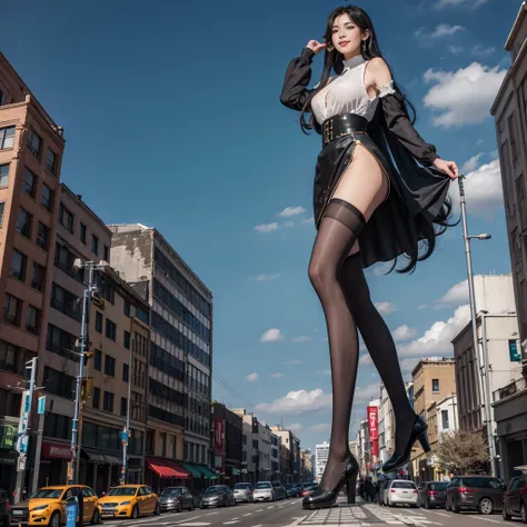 Ground View，giantesscity,giant girl 50 feet high，Have a pair of ultra long legs,stepping in the crowd，many people in street,a pair of huge breasts，Princess，mini skirt,black silk socks，Has black waist-length hair，Wearing a pair of Mary Jane heels，A look of ...