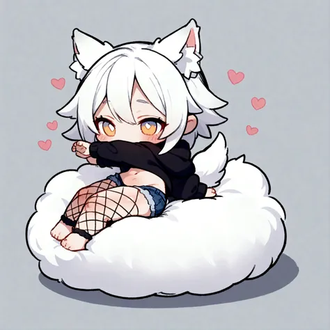 a cute chibi style adult male with wolf ears, white hair, has a wolf tail, wearing a loose cropped oversized black hoodie, wearing a pair of denim short shorts and fishnet stockings, thick thighs, wide hips, relaxing on mound of fluffy animal plushies, sho...