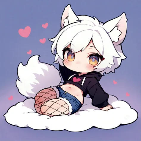 a cute chibi style adult male with wolf ears, white hair, has a wolf tail, wearing a loose cropped oversized black hoodie, wearing a pair of denim short shorts and fishnet stockings, thick thighs, wide hips, relaxing on mound of fluffy animal plushies, sho...