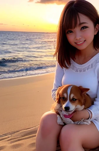 Sitting on the beach steps、Sun setting over the ocean、Watching alongside a Corgi dog、1 girl、Bob Hair、Brown Hair、