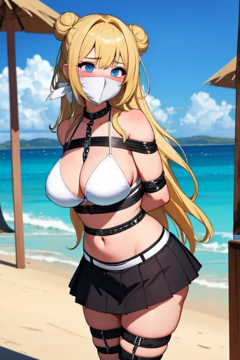 1 girl, detailed blue eyes, lange wimpern, detailed beautiful face, lazy bun, (very Long blonde hair:1.4), festgebunden, (arms behind back:1.6), gefesselte Arme, (blushing:1.3), (Big boobs:1.1), OTN, White OTN gag, Gag, gagged, shibari over clothes, (black...