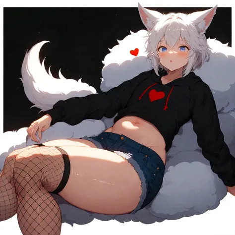 a cute adult male with wolf ears, white hair, has a wolf tail, wearing a loose cropped oversized black hoodie, wearing a pair of denim short shorts and fishnet stockings, thick thighs, wide hips, relaxing on mound of fluffy animal plushies, short, very sli...