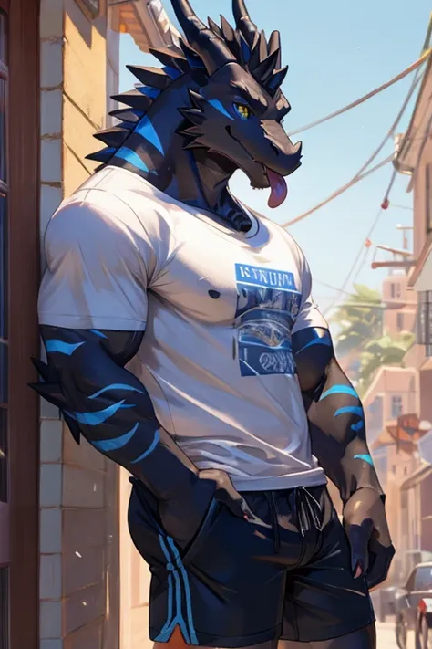 A black dragon (with some blue stripes) in a T-shirt and shorts sticking his tongue out