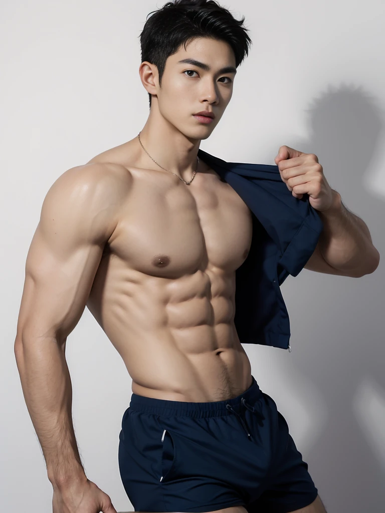 1 Handsome  naked Japanese guy ，Sexy pose, A 20 year-old man wearing a Bare chest shirt and Excellent shorts stands against a white background, navy blue, navy blue, Sports T-shirt, blue, Excellent Sportswear, Gorgeous and sexy clothes, Sportswear, Short s...