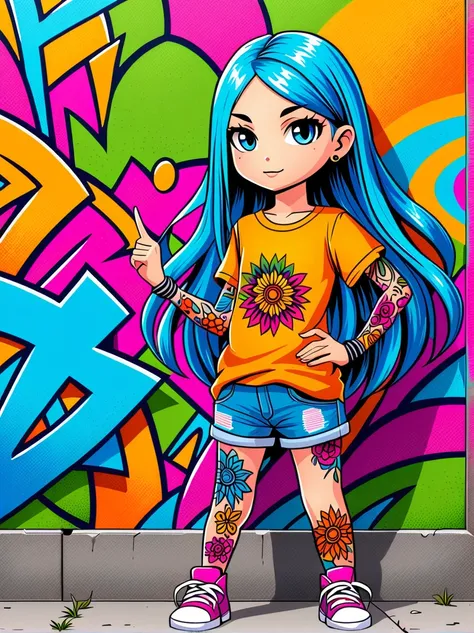 (Rebellious European girl)，Brightly colored tattoos on arms and legs，(Middle finger raised:1.3)，Provocative gestures，Flowing long hair，Arrogant expression，Graffiti art style，Bold and bright colors，It should be surrounded by intricate，Detailed flowers and m...