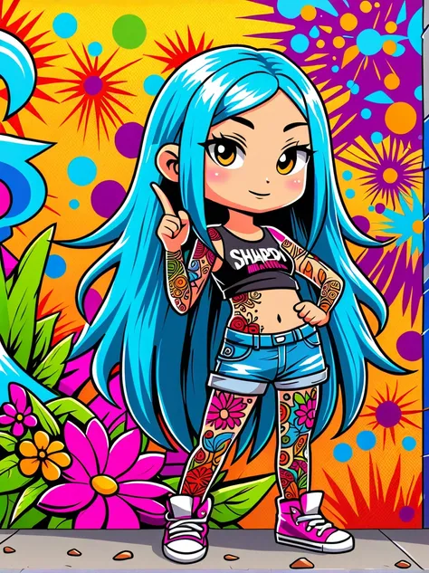 (Rebellious European girl)，Brightly colored tattoos on arms and legs，(Middle finger raised:1.3)，Provocative gestures，Flowing long hair，Arrogant expression，Graffiti art style，Bold and bright colors，It should be surrounded by intricate，Detailed flowers and m...