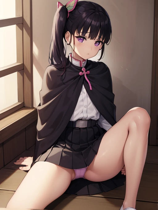 Kanaotsu Yuri, kanao tsuyuri, Black Hair, butterfly, butterfly hair ornament, (Purple eyes:1.1), Side ponytail, ponytail, 
Blake Black mini skirt, Cape, Demon Slayer uniform, Long sleeve, Pleated skirt, mini skirt, 白いCape,Skirt rolled up、Cute Panties、Panty...