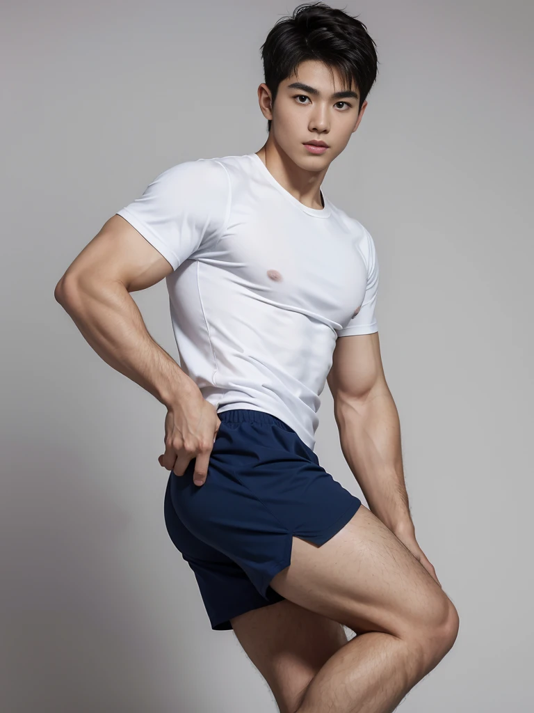 1 Handsome  naked Japanese guy ，Sexy pose, A 20 year-old man wearing a Bare chest shirt and Excellent shorts stands against a white background, navy blue, navy blue, Sports T-shirt, blue, Excellent Sportswear, Gorgeous and sexy clothes, Sportswear, Short s...