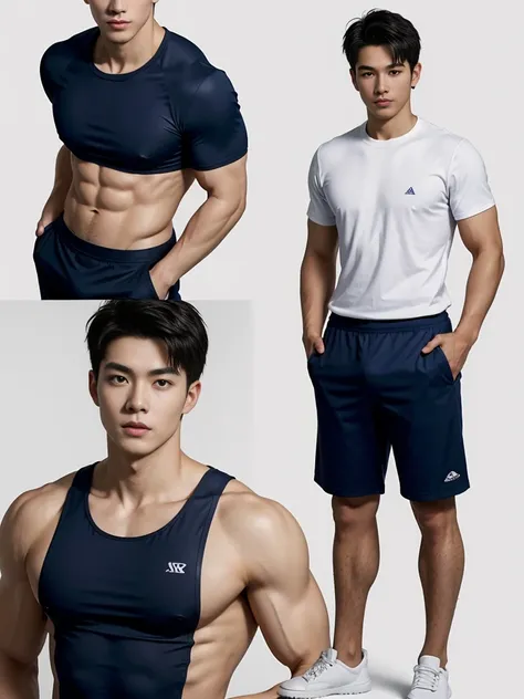 1 Handsome  naked Japanese guy ，Sexy pose, A 20 year-old man wearing a Bare chest shirt and Excellent shorts stands against a white background, navy blue, navy blue, Sports T-shirt, blue, Excellent Sportswear, Gorgeous and sexy clothes, Sportswear, Short s...