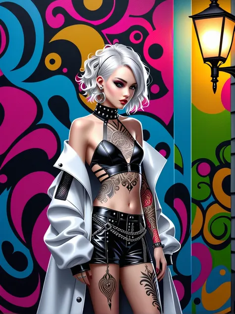 Punk style, Fantasy Gothic, 1girl, Curly white hair，Draped over the shoulders，Silver eyes reflecting the moonlight，Fascinating，Wearing an outfit reminiscent of a late 2000s pop music video，Her clothing is decorated with various metals and rivets，Her face i...