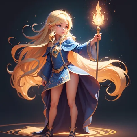 2D cartoon illustration, Disney cute style 2D illustration, blonde long hair female wizard, little size SD full body, standing pose, smile, fantasy girl wizard, micro sexy Robe, hold a magic wand, long Cloak, none background,