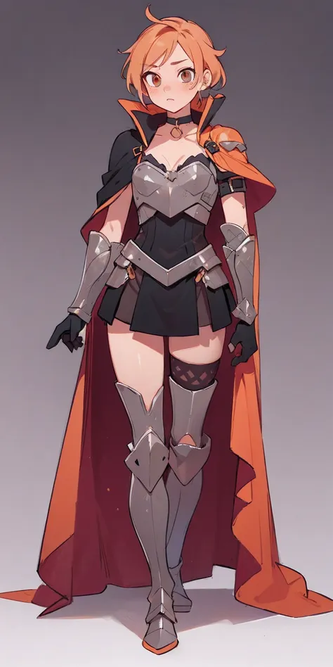 choker, armor, cape, black dress, single glove, thigh highs, armored legwear, orange boots, hyper realistic