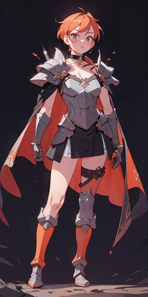 choker, armor, cape, black dress, single glove, thigh highs, armored legwear, orange boots, hyper realistic