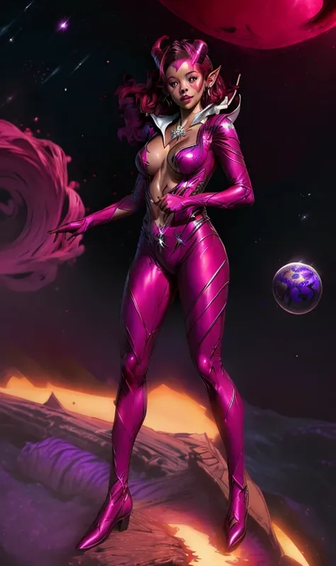 ((stsapph2024)) a beautiful((jenna_ortega_v3 )) (tiefling colored skin, horns, pointy ears  )) with ((red skin)), curly red hair, (((wearing a violet suit))), floating in space, 5 detailed fingers, high quality, masterpiece, photorealistic, raw photo, dept...